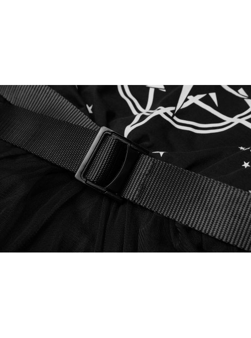 V-Neck Front Chest Print Buckle Belt Irregular Mesh Hem Black Punk Dress