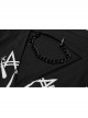 V-Neck Front Chest Print Buckle Belt Irregular Mesh Hem Black Punk Dress