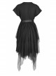 V-Neck Front Chest Print Buckle Belt Irregular Mesh Hem Black Punk Dress