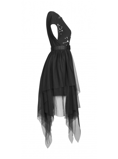 V-Neck Front Chest Print Buckle Belt Irregular Mesh Hem Black Punk Dress