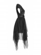 V-Neck Front Chest Print Buckle Belt Irregular Mesh Hem Black Punk Dress