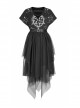 V-Neck Front Chest Print Buckle Belt Irregular Mesh Hem Black Punk Dress