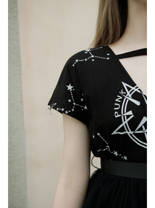 V-Neck Front Chest Print Buckle Belt Irregular Mesh Hem Black Punk Dress