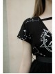 V-Neck Front Chest Print Buckle Belt Irregular Mesh Hem Black Punk Dress