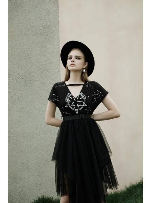 V-Neck Front Chest Print Buckle Belt Irregular Mesh Hem Black Punk Dress