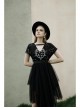V-Neck Front Chest Print Buckle Belt Irregular Mesh Hem Black Punk Dress