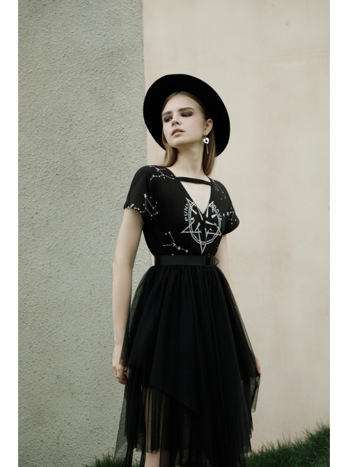 V-Neck Front Chest Print Buckle Belt Irregular Mesh Hem Black Punk Dress