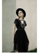 V-Neck Front Chest Print Buckle Belt Irregular Mesh Hem Black Punk Dress