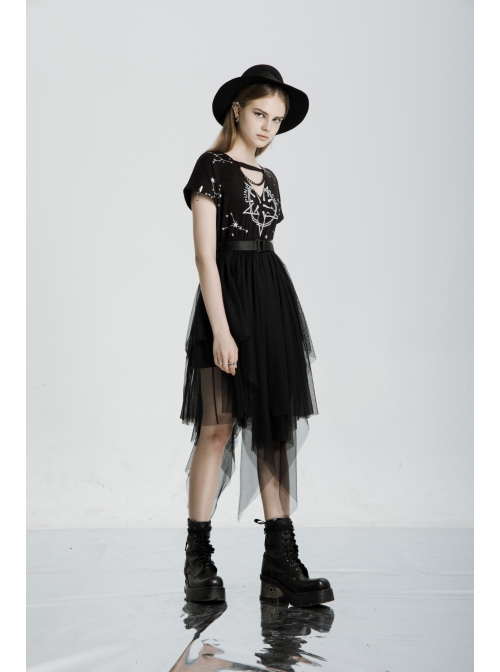 V-Neck Front Chest Print Buckle Belt Irregular Mesh Hem Black Punk Dress