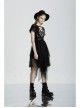 V-Neck Front Chest Print Buckle Belt Irregular Mesh Hem Black Punk Dress