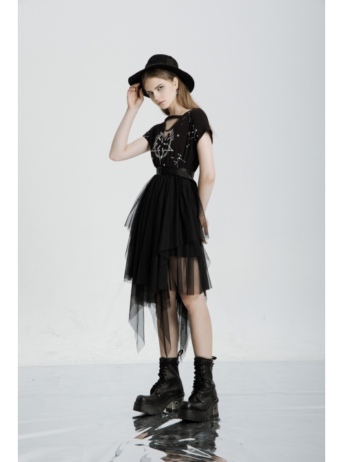 V-Neck Front Chest Print Buckle Belt Irregular Mesh Hem Black Punk Dress