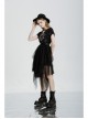 V-Neck Front Chest Print Buckle Belt Irregular Mesh Hem Black Punk Dress