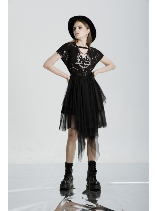 V-Neck Front Chest Print Buckle Belt Irregular Mesh Hem Black Punk Dress