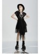 V-Neck Front Chest Print Buckle Belt Irregular Mesh Hem Black Punk Dress