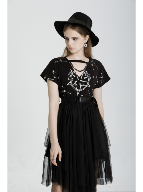V-Neck Front Chest Print Buckle Belt Irregular Mesh Hem Black Punk Dress
