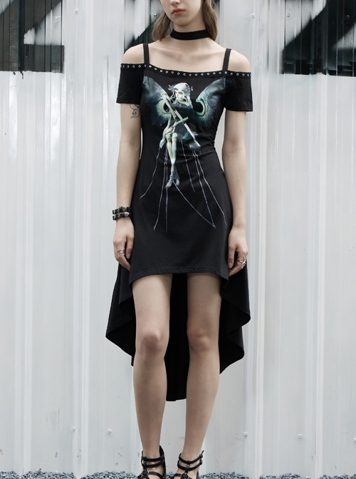 Off-Shoulder Rivet Ribbon Front Chest Print Irregular Hem Black Punk Dress