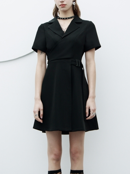 Lapel Metal Buckle Belt Collect Waist A-Shape Hem Black Punk Dress