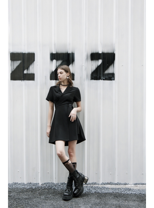 Lapel Metal Buckle Belt Collect Waist A-Shape Hem Black Punk Dress