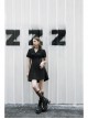 Lapel Metal Buckle Belt Collect Waist A-Shape Hem Black Punk Dress