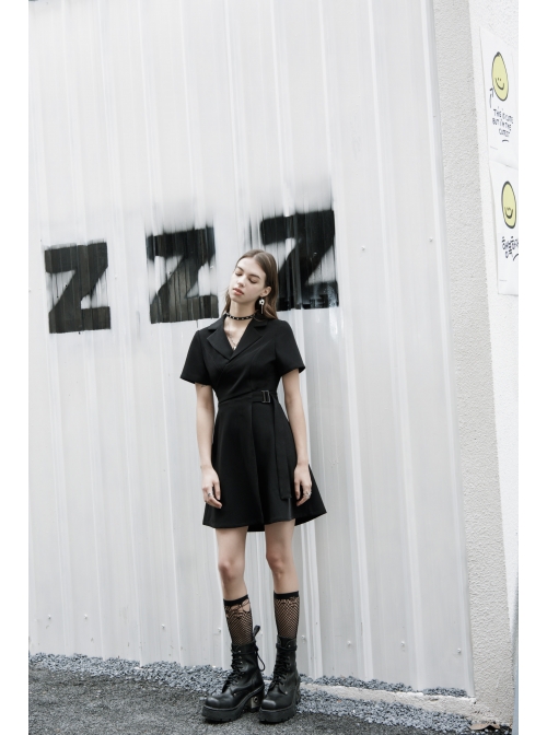 Lapel Metal Buckle Belt Collect Waist A-Shape Hem Black Punk Dress