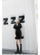 Lapel Metal Buckle Belt Collect Waist A-Shape Hem Black Punk Dress