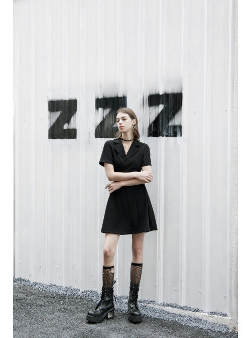 Lapel Metal Buckle Belt Collect Waist A-Shape Hem Black Punk Dress
