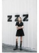 Lapel Metal Buckle Belt Collect Waist A-Shape Hem Black Punk Dress