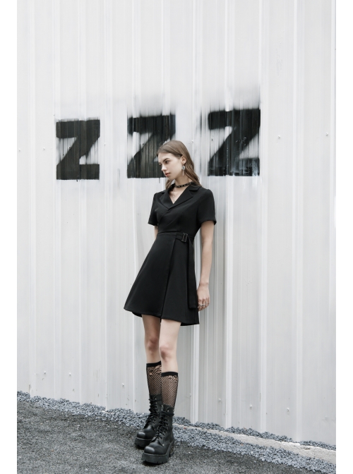 Lapel Metal Buckle Belt Collect Waist A-Shape Hem Black Punk Dress