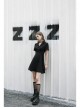 Lapel Metal Buckle Belt Collect Waist A-Shape Hem Black Punk Dress
