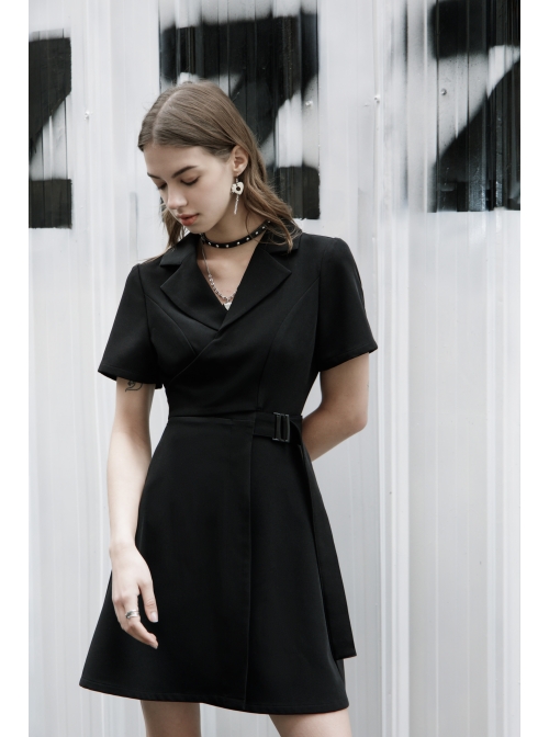 Lapel Metal Buckle Belt Collect Waist A-Shape Hem Black Punk Dress