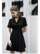 Lapel Metal Buckle Belt Collect Waist A-Shape Hem Black Punk Dress