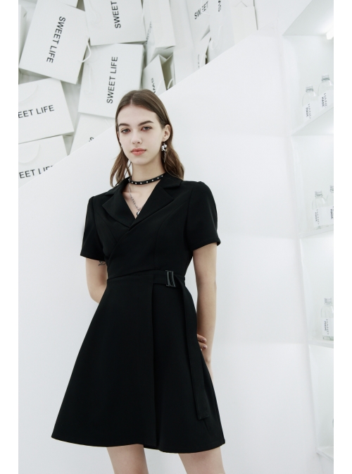 Lapel Metal Buckle Belt Collect Waist A-Shape Hem Black Punk Dress