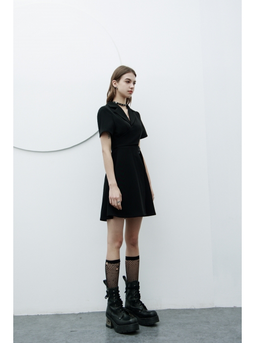 Lapel Metal Buckle Belt Collect Waist A-Shape Hem Black Punk Dress