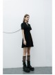 Lapel Metal Buckle Belt Collect Waist A-Shape Hem Black Punk Dress