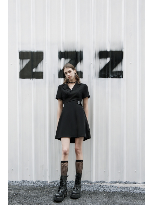 Lapel Metal Buckle Belt Collect Waist A-Shape Hem Black Punk Dress