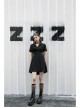 Lapel Metal Buckle Belt Collect Waist A-Shape Hem Black Punk Dress