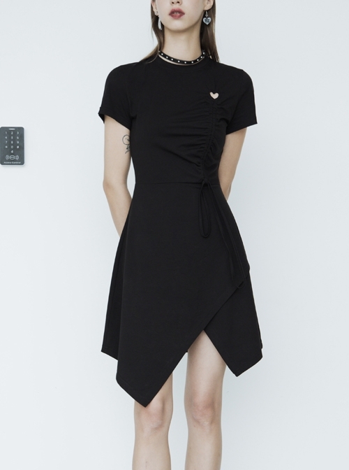 Front Heart-Shape Hollow-Out Lace-Up Short Sleeve Irregular Hem Black Punk Dress