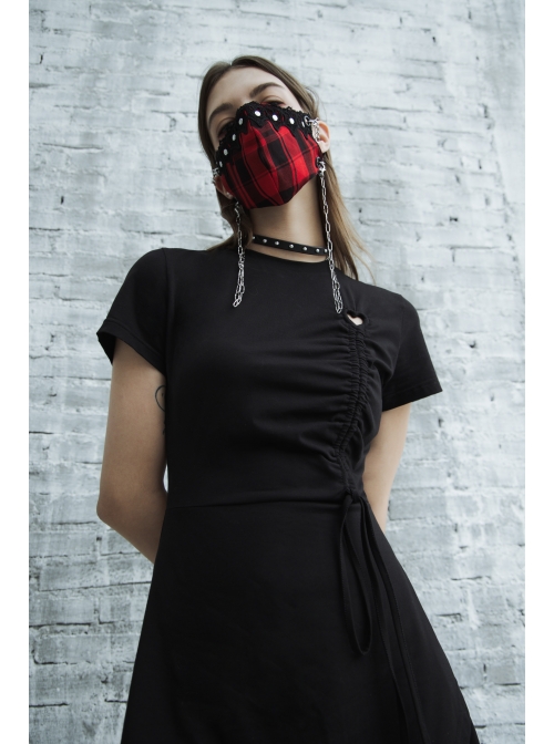 Front Heart-Shape Hollow-Out Lace-Up Short Sleeve Irregular Hem Black Punk Dress