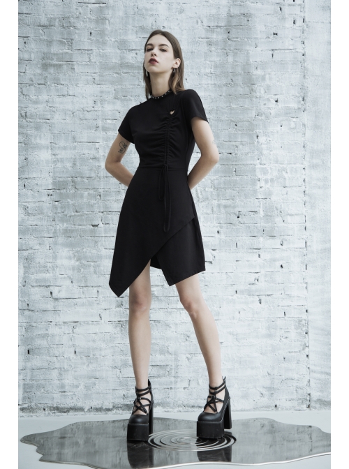 Front Heart-Shape Hollow-Out Lace-Up Short Sleeve Irregular Hem Black Punk Dress