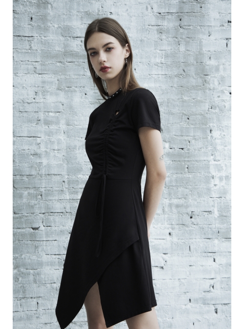 Front Heart-Shape Hollow-Out Lace-Up Short Sleeve Irregular Hem Black Punk Dress