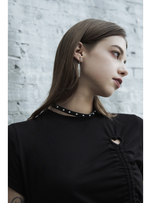 Front Heart-Shape Hollow-Out Lace-Up Short Sleeve Irregular Hem Black Punk Dress