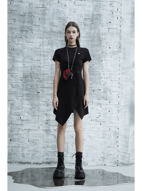 Front Heart-Shape Hollow-Out Lace-Up Short Sleeve Irregular Hem Black Punk Dress
