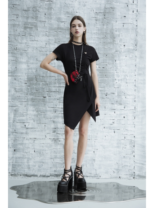 Front Heart-Shape Hollow-Out Lace-Up Short Sleeve Irregular Hem Black Punk Dress