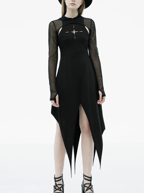 Black Gothic Front Chest Hollow-Out Irregular Shape Corner Hem Mesh Hooded Jacket Two-Piece Dress