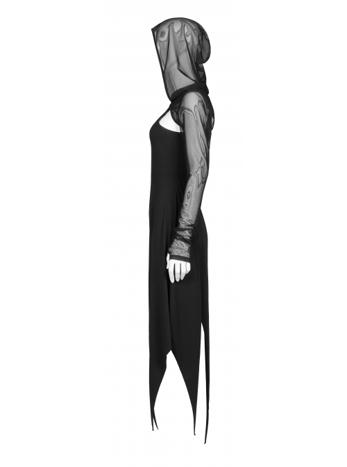 Black Gothic Front Chest Hollow-Out Irregular Shape Corner Hem Mesh Hooded Jacket Two-Piece Dress