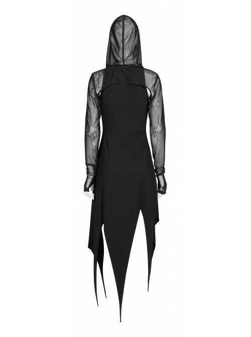 Black Gothic Front Chest Hollow-Out Irregular Shape Corner Hem Mesh Hooded Jacket Two-Piece Dress