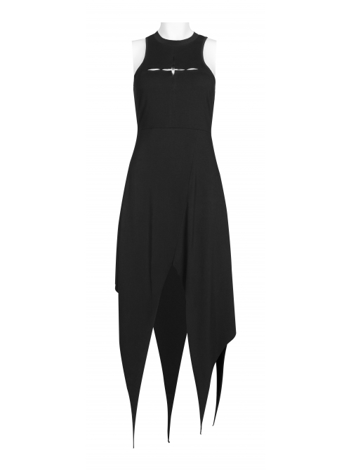 Black Gothic Front Chest Hollow-Out Irregular Shape Corner Hem Mesh Hooded Jacket Two-Piece Dress