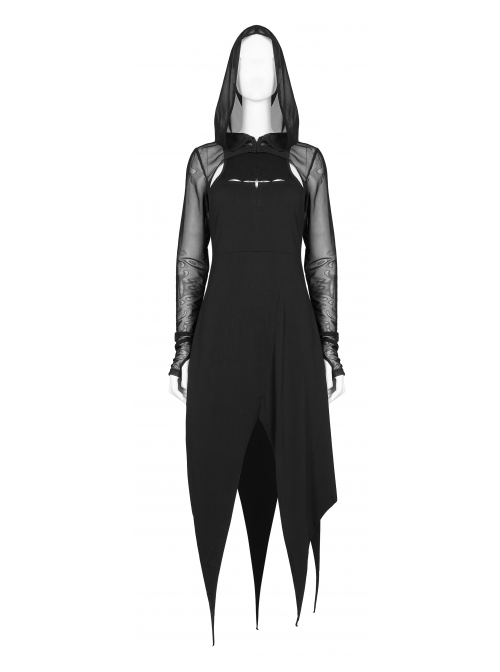 Black Gothic Front Chest Hollow-Out Irregular Shape Corner Hem Mesh Hooded Jacket Two-Piece Dress