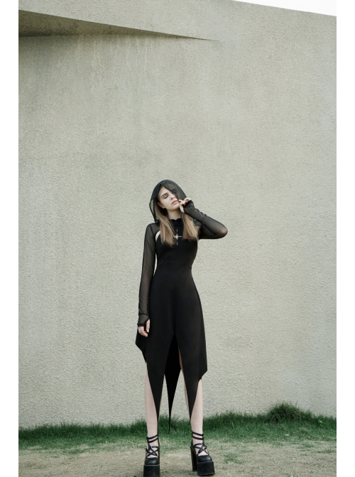 Black Gothic Front Chest Hollow-Out Irregular Shape Corner Hem Mesh Hooded Jacket Two-Piece Dress