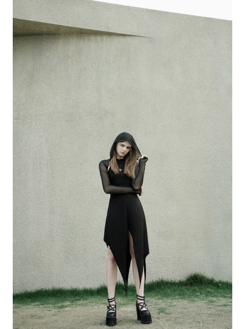 Black Gothic Front Chest Hollow-Out Irregular Shape Corner Hem Mesh Hooded Jacket Two-Piece Dress